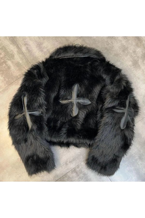 Chic Dark Cross Faux Fur Jacket: Perfect for Concerts & Casual Outfits