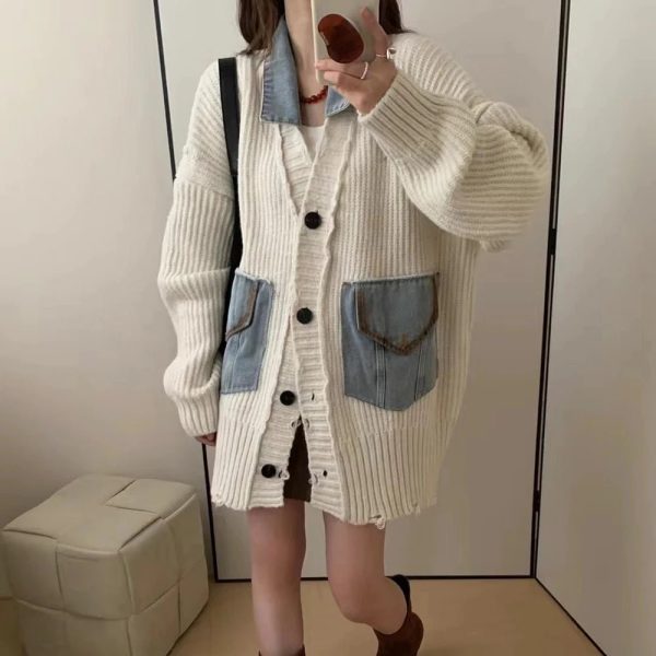 Chic Denim Patchwork Grandpa Cardigan: Perfect for Spring Outfits