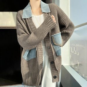 Chic Denim Patchwork Grandpa Cardigan: Perfect for Spring Outfits