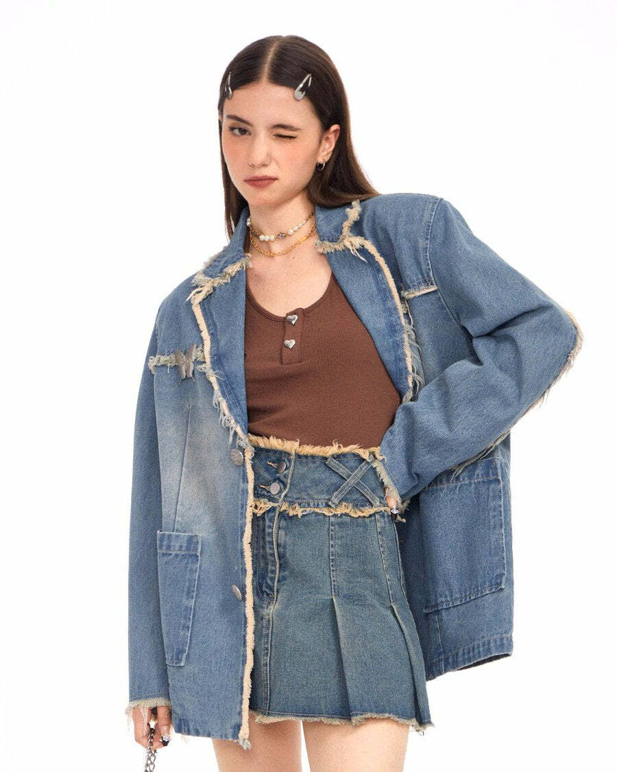 Chic Distressed Denim Blazer in Blue - Perfect for Spring Outfits