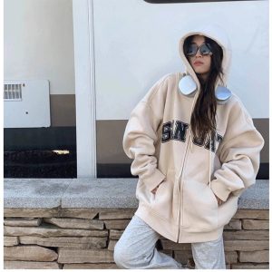 Chic Fall Neutral Varsity Zip-Up Hoodie: Perfect for Casual Outfits