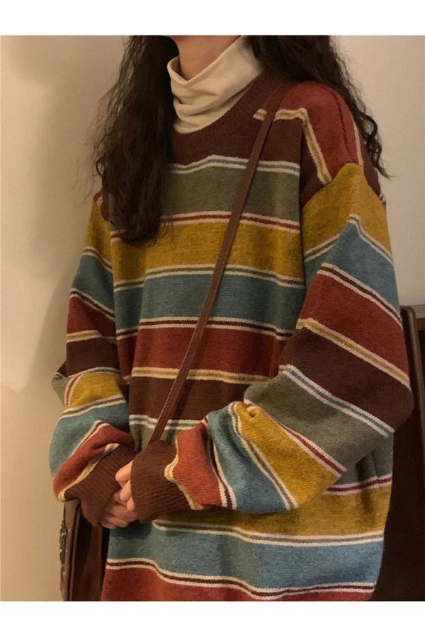 Chic Fall Retro Striped Slouchy Sweater: Perfect for Casual Outfits