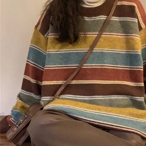 Chic Fall Retro Striped Slouchy Sweater: Perfect for Casual Outfits