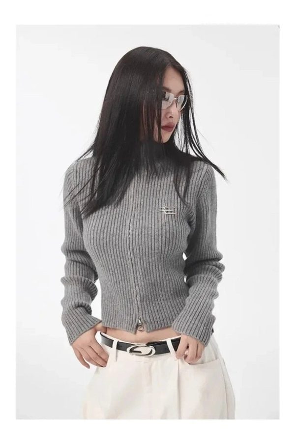 Chic Fall Ribbed Zip-Up Turtleneck Sweater: Perfect for Casual Outfits