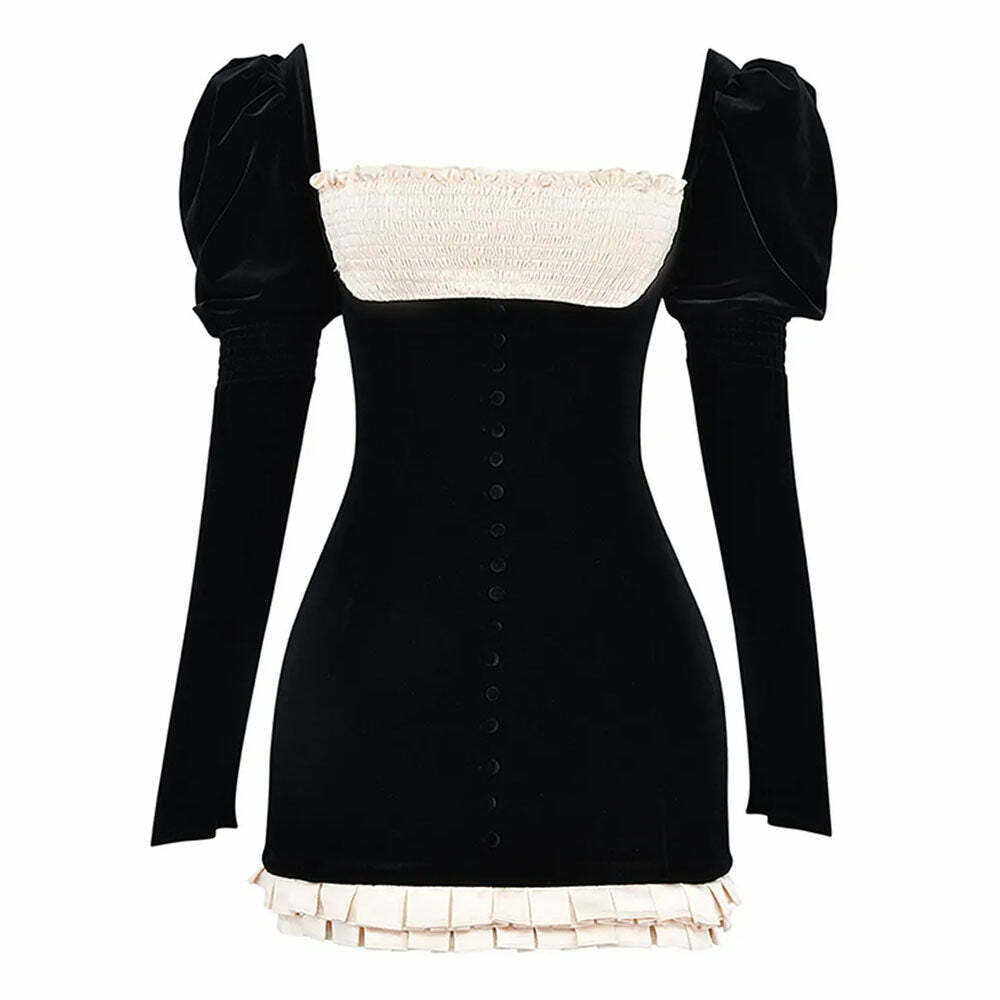 Chic French Maid Ruched Velvet Mini Dress - Perfect for Party Outfits