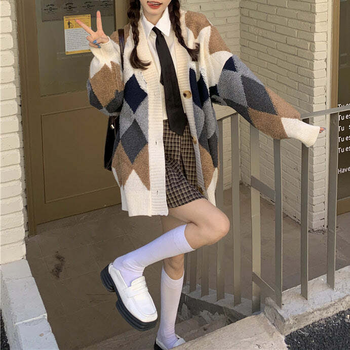 Chic Grandma Aesthetic Argyle Cardigan: Perfect for Spring Outfits