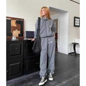 Chic Gray Wave Piped Jogger Set: Perfect for Casual Outfits & Spring Looks