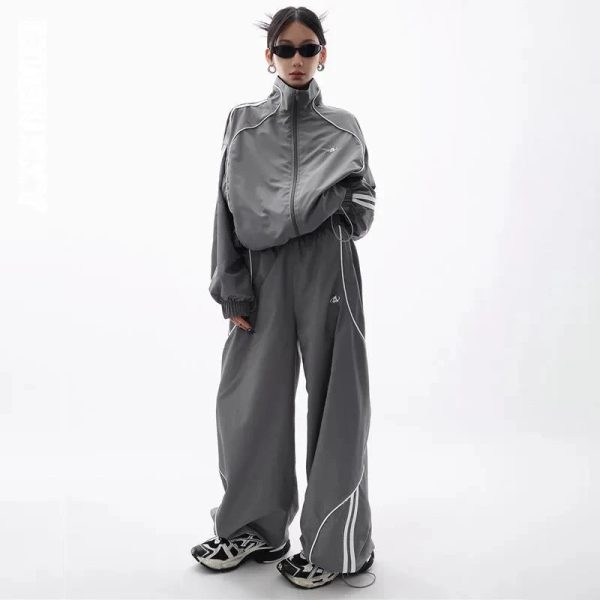 Chic Gray Wave Piped Jogger Set: Perfect for Casual Outfits & Spring Looks