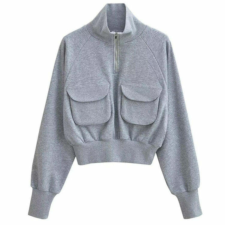 Chic Grey Zip-Up Sweatshirt with Front Pockets for Stylish Outfits