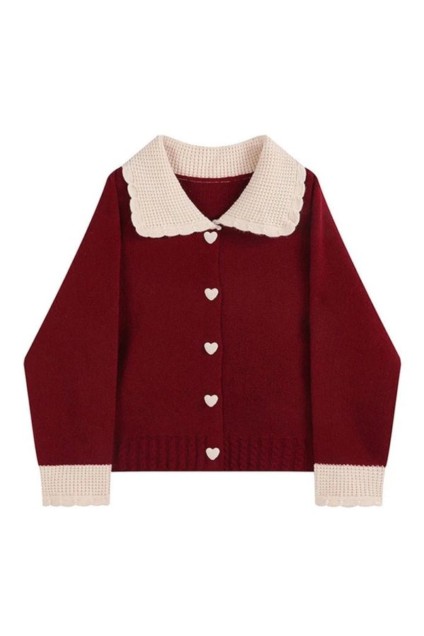 Chic Heart Button Contrast Collar Cardigan for Stylish Spring Outfits