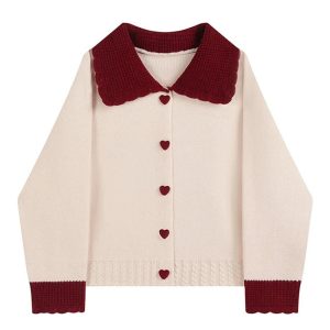 Chic Heart Button Contrast Collar Cardigan for Stylish Spring Outfits