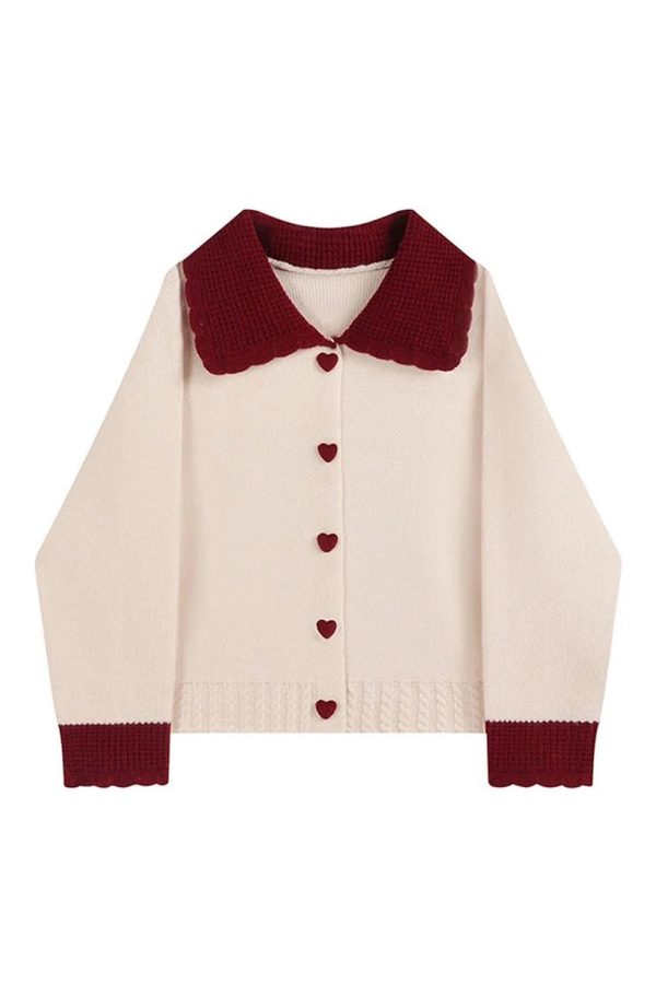 Chic Heart Button Contrast Collar Cardigan for Stylish Spring Outfits