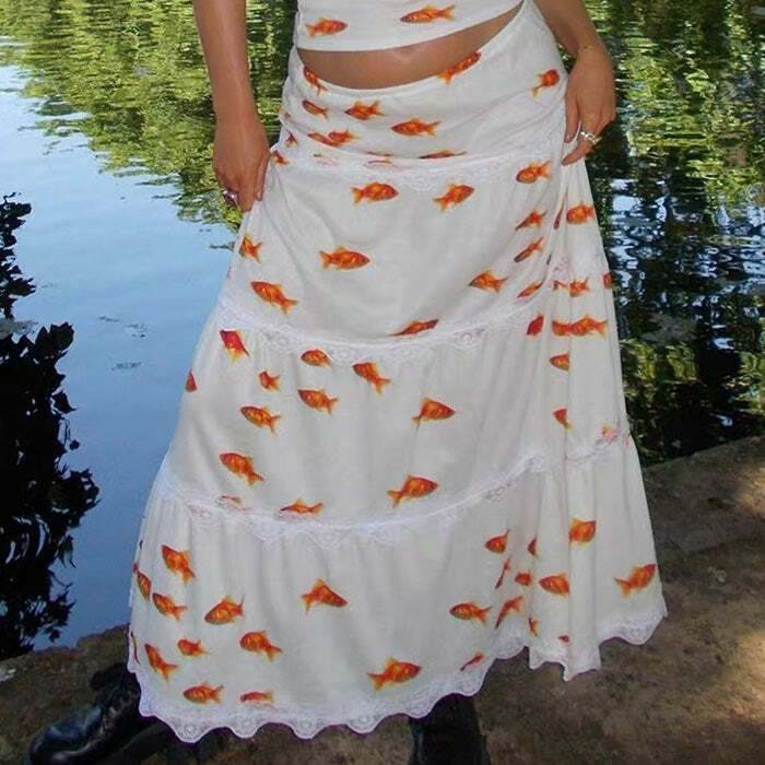 Chic Koi Fish Maxi Skirt: Perfect for Spring Outfits & Concert Outfit Ideas