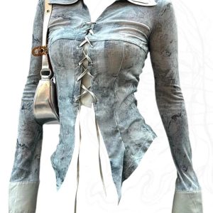 Chic Lace-Up Distressed Denim Blouse for Trendy Outfit Ideas