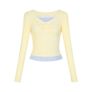 Chic Lemon Gingham Layered Top: Perfect for Spring Outfits & Casual Looks