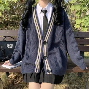 Chic Navy Preppy Varsity Cardigan: Perfect for Spring Outfits