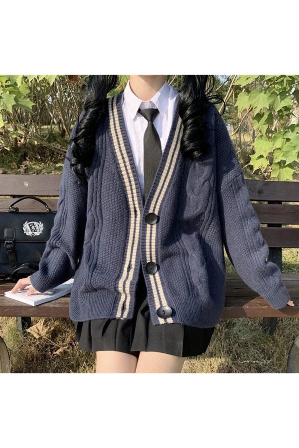 Chic Navy Preppy Varsity Cardigan: Perfect for Spring Outfits