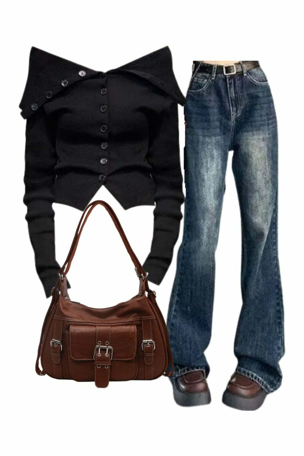 Chic Noir Off-Shoulder Cardigan & Vintage Flare Jeans Outfit Ideas