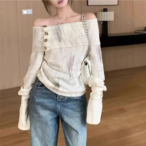 Chic Off-Shoulder Buttoned Knit Top for Stylish Spring Outfits