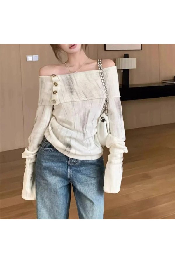 Chic Off-Shoulder Buttoned Knit Top for Stylish Spring Outfits