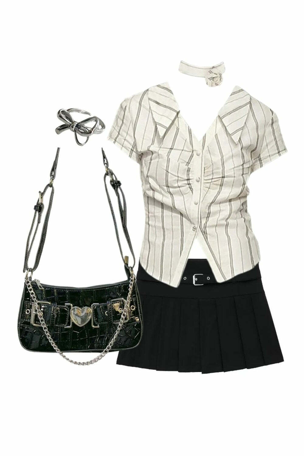 Chic Office Outfit: Stripe Blouse, Zipper Skirt & Crossbody Bag Combo