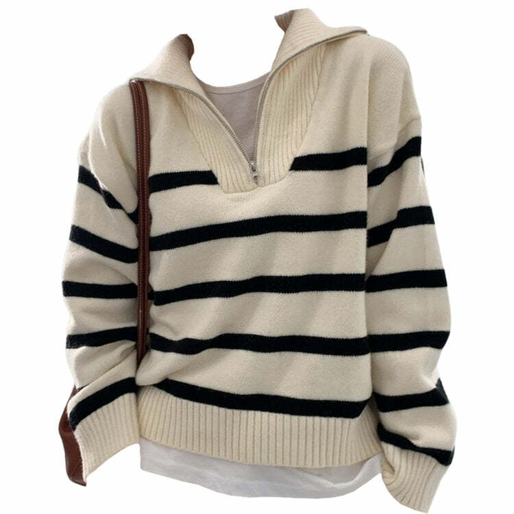 Chic Old Money Zip Up Striped Sweater: Perfect for Spring Outfits