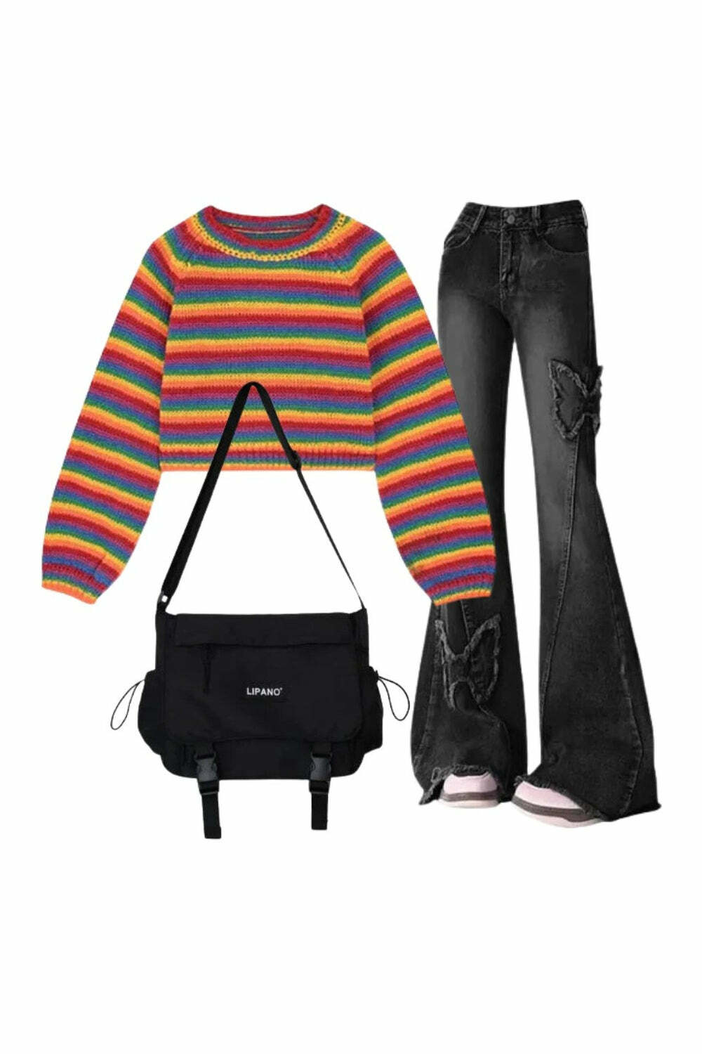 Chic Outfit Ideas: Dark Butterfly Flare Jeans & Rainbow Cropped Sweater