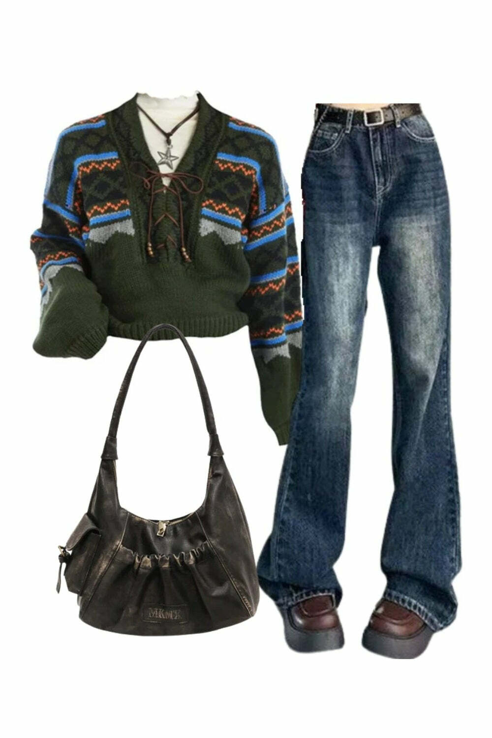 Chic Outfit Ideas: Vintage Flare Jeans, Fair Isle Sweater & Rustic Bag