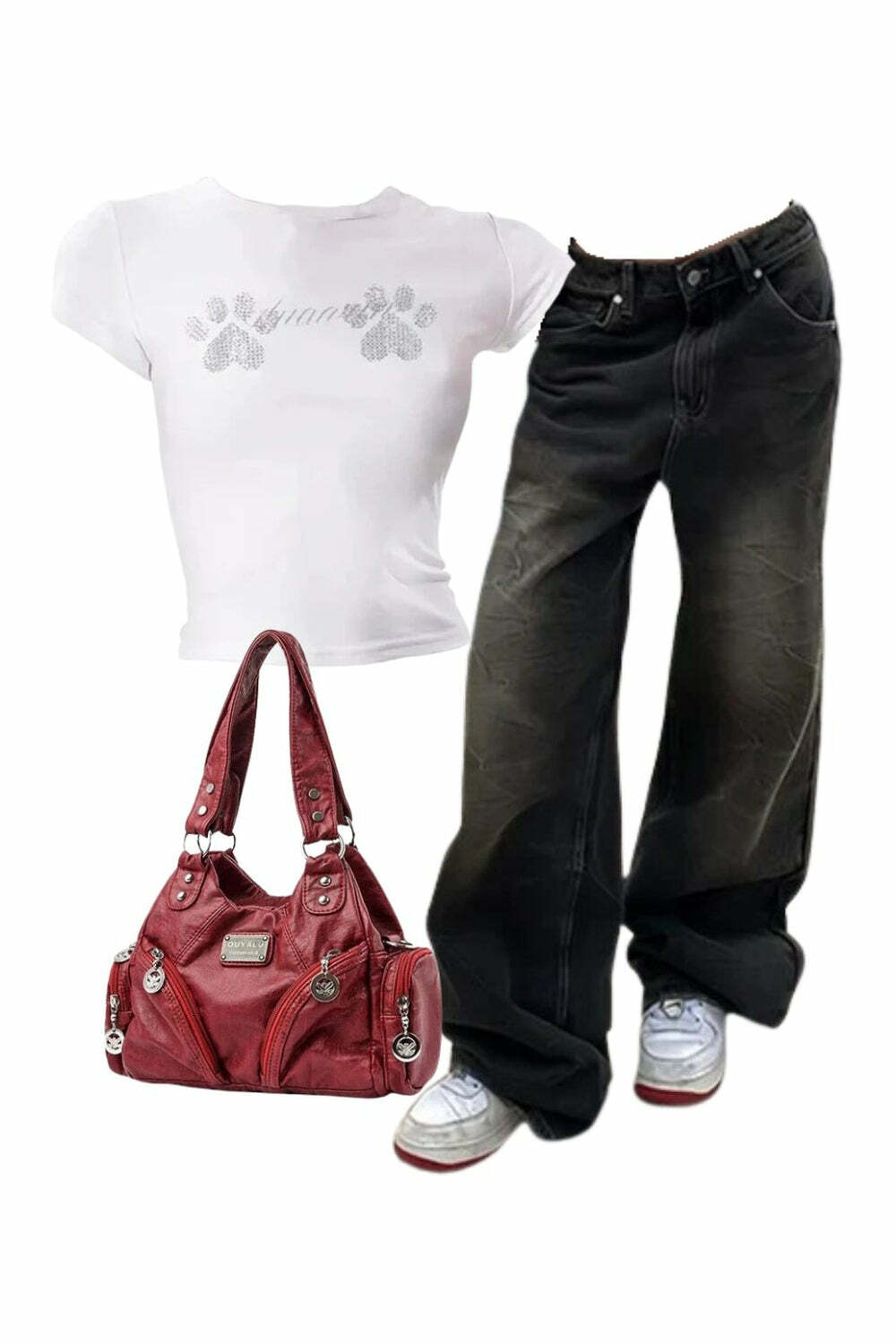 Chic Outfit: Vintage Baggy Jeans, Rhinestone Paw Print Top & Zipper Bag