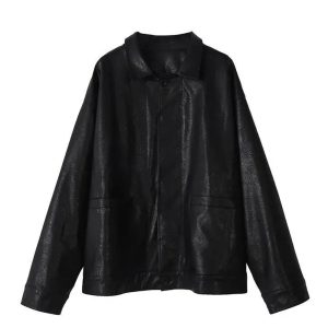 Chic Oversized Black Leather Shirt Jacket - Perfect for Spring Outfits