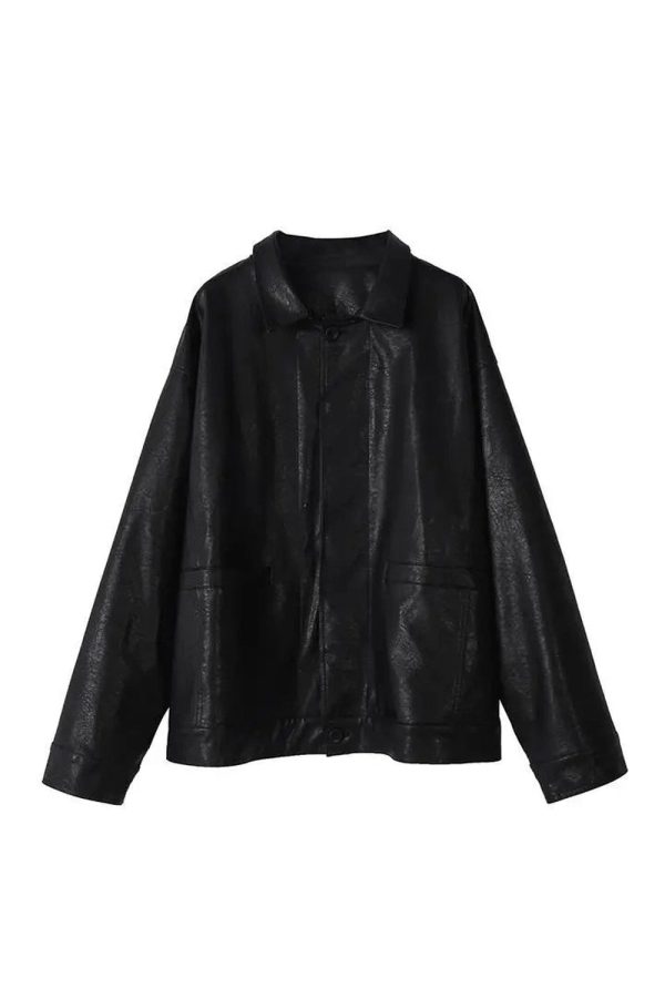 Chic Oversized Black Leather Shirt Jacket - Perfect for Spring Outfits