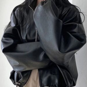 Chic Oversized Faux Leather Bomber Jacket for Stylish Spring Outfits