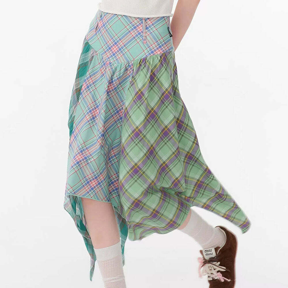 Chic Patchwork Midi Plaid Skirt: Perfect for Spring Outfits & Concerts