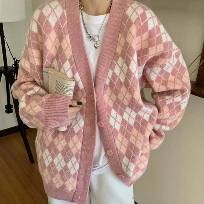 Chic Pink Argyle Knit Cardigan: Perfect for Spring Outfits & Casual Looks