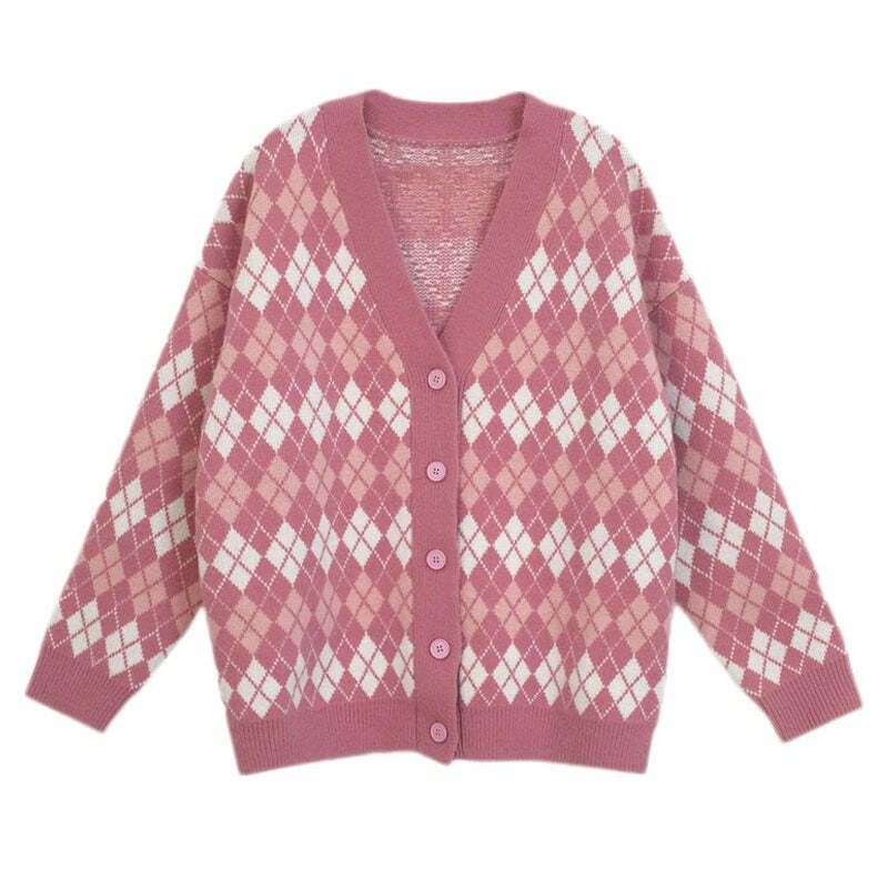 Chic Pink Argyle Knit Cardigan: Perfect for Spring Outfits & Casual Looks