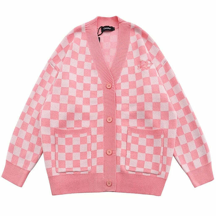 Chic Pink Checkered Cardigan: Perfect for Spring Outfits & Casual Looks