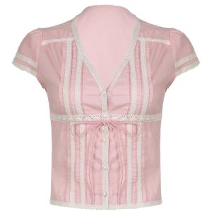 Chic Pink Lace Trim Bow Blouse: Perfect for Spring Outfits & Date Nights