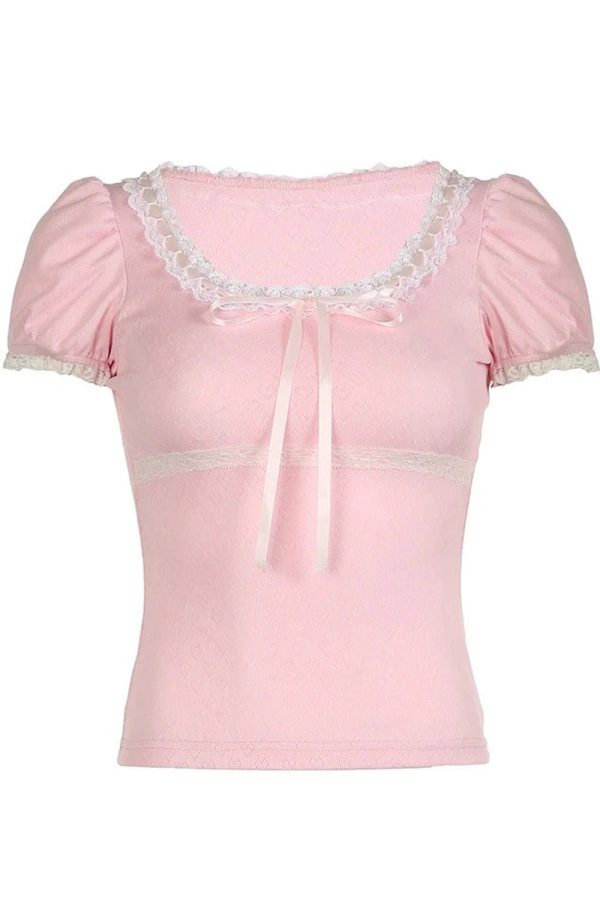 Chic Pink Lace-Trim Puff Sleeve Top: Perfect for Spring Outfits