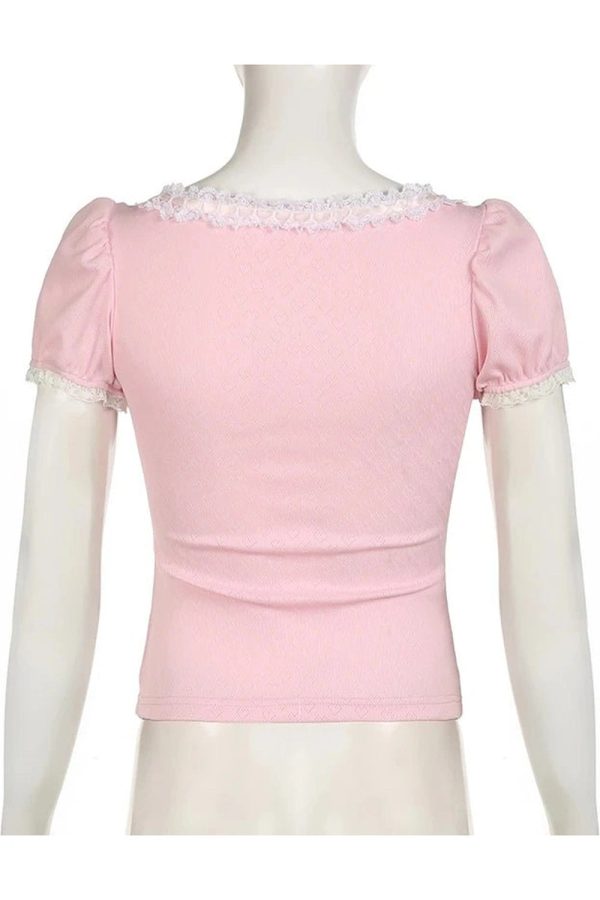 Chic Pink Lace-Trim Puff Sleeve Top: Perfect for Spring Outfits