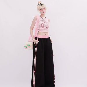 Chic Pink-Trimmed Bow Accent Wide-Leg Pants for Stylish Outfit Ideas