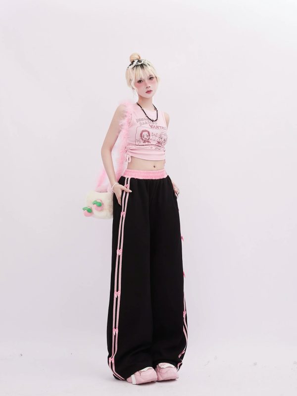 Chic Pink-Trimmed Bow Accent Wide-Leg Pants for Stylish Outfit Ideas