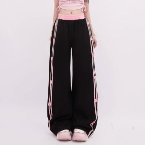 Chic Pink-Trimmed Bow Accent Wide-Leg Pants for Stylish Outfit Ideas