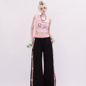 Chic Pink-Trimmed Bow Accent Wide-Leg Pants for Stylish Outfit Ideas