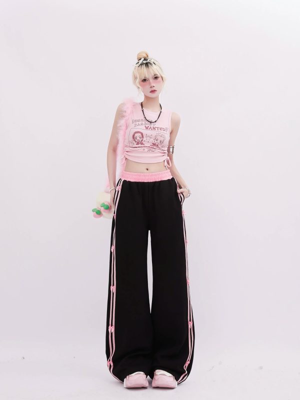 Chic Pink-Trimmed Bow Accent Wide-Leg Pants for Stylish Outfit Ideas