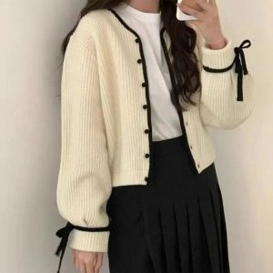 Chic Ribbon Accent Button-Up Cardigan for Stylish Outfit Ideas