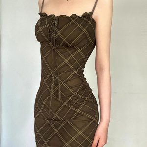 Chic Ruched Plaid Bodycon Slip Dress - Perfect for Spring Outfits & Events