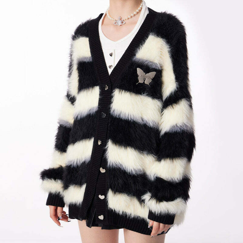 Chic Striped Fuzzy Butterfly Cardigan for Stylish Spring Outfits