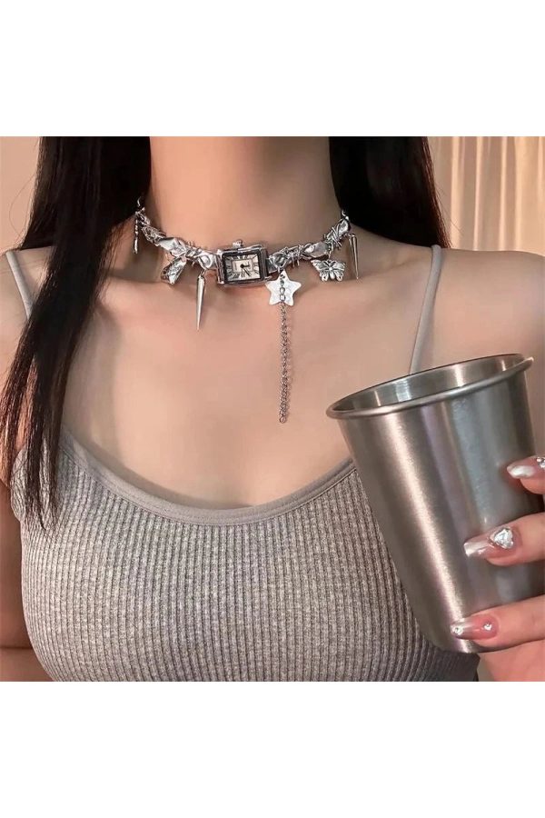 Chic Timekeeper Charm Choker Necklace for Stylish Outfit Ideas