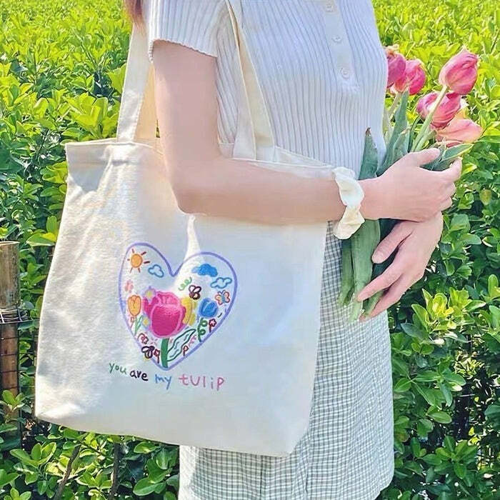 Chic Tulip Embroidery Tote Bag: Perfect for Spring Outfits & Concerts