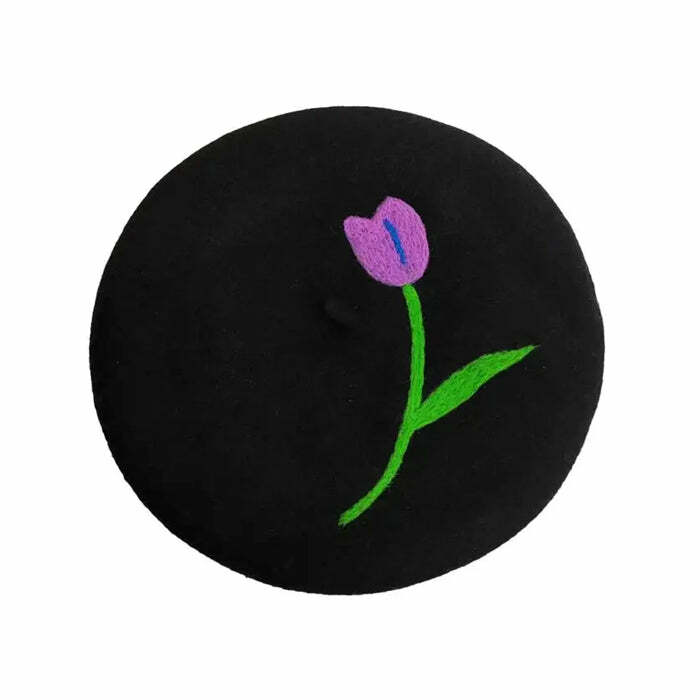 Chic Tulip Embroidery Wool Beret for Stylish Spring Outfits